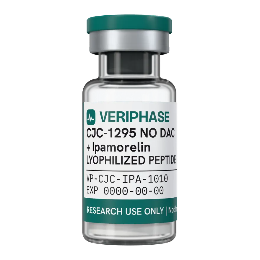 CJC-1295 NO DAC + Ipamorelin, 10 + 10 mg: immagine illustrativa di un flaconcino VERIPHASE in arrivo, senza lotto assegnato